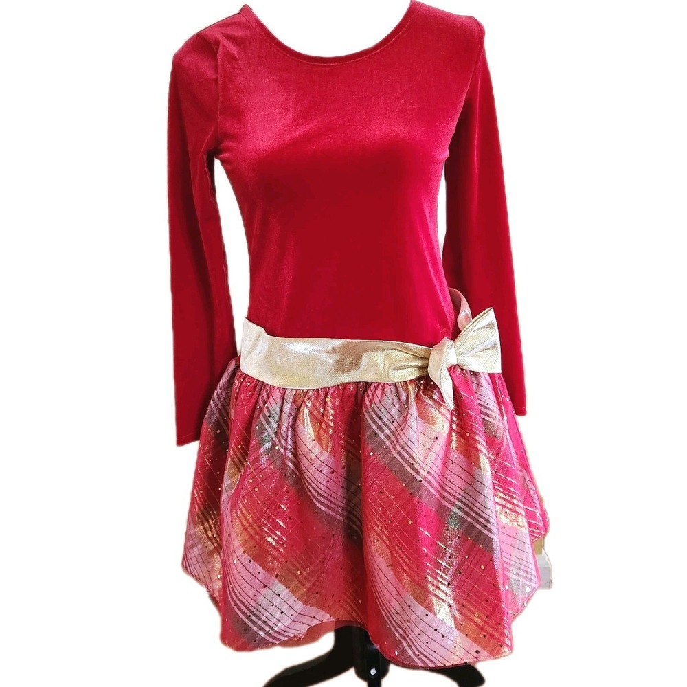 Bonnie Jean Girls‎ Holiday Party Dress Size 16 1/2 Youth Red Velvet & Gold Plaid